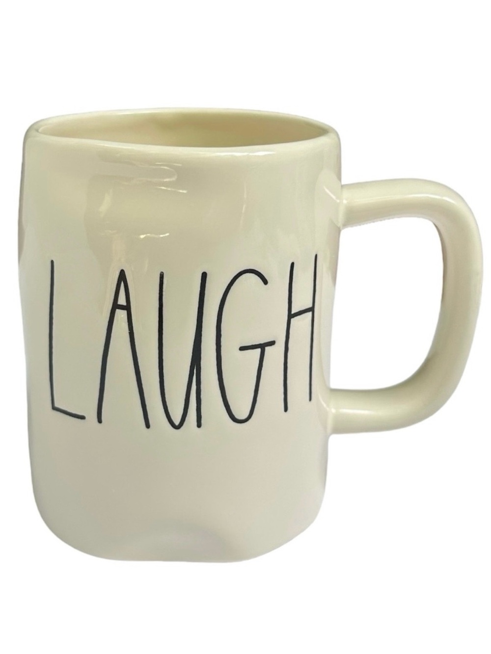 Rae Dunn LAUGH Mug White with Black Large Long Letters Dimples NWT 2017 OG